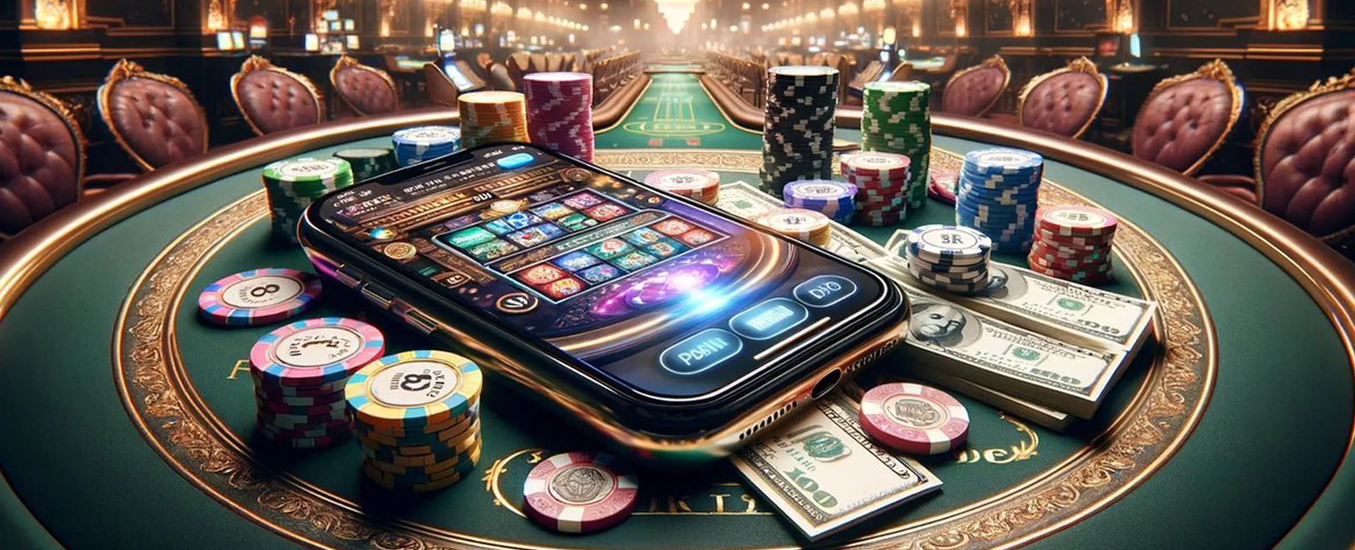 Winph online casino hero image with gaming elements and golden accents